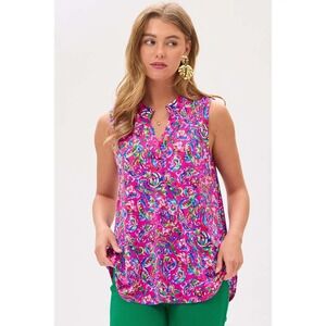 Paisley Sleeveless Blouse Top V Neck Pink Green Blue‎ Patterned